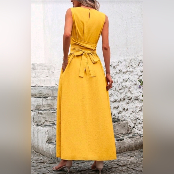 New Textured Cotton High Neck Wrap Tie Waist Maxi Dress Yellow - Picture 4 of 9